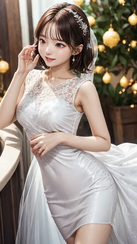 One piece wedding dress、Beautiful young wife、Super detailed、Particles of light:0.5、Shiny and smooth skin texture、First Night、Love each other、Beautiful clear eyes、Secret Love Affair、Sex、、Natural Texture、Short Hair、、Mature slender beauty、Small breasts、Dignif...