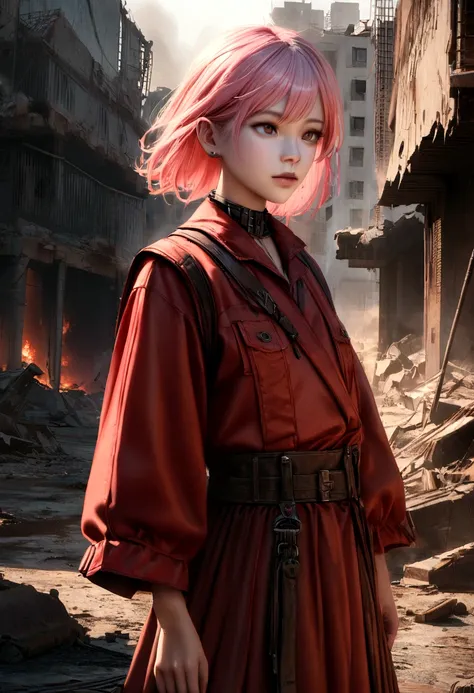 a beautiful japanese androgynous teenage girl with short pink hair and light brown eyes, wearing a red  boyish outfit, in a post-apocalyptic setting with destroyed burning buildings in the background, 8k, high quality, detailed, photorealistic, cinematic l...