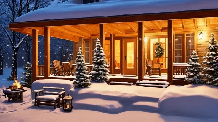 snowy covered porch with chairs and a fire place in the middle, cozy setting, winter setting, cozy place, cozy and peaceful atmosphere, snowfall at night, cozy wallpaper, cozy home background, outside in snow snowing, snowy night, cozy atmospheric, atmosph...