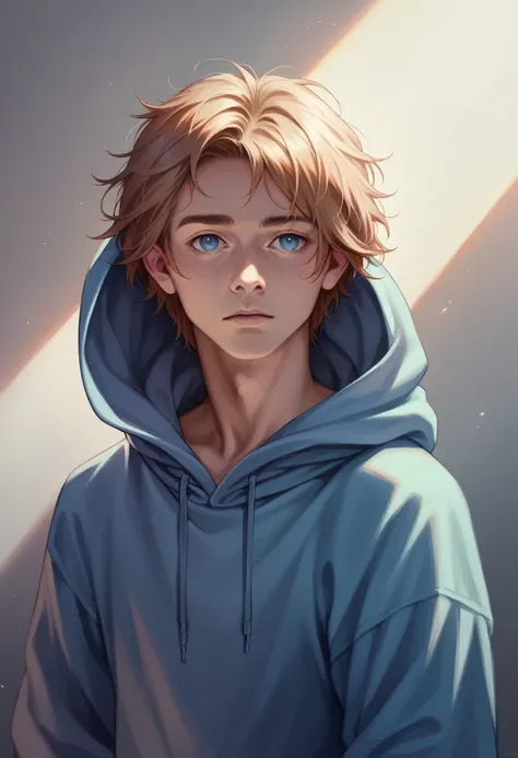 a young man with beautiful detailed blue eyes, medium-length blond hair, thin frame, medium height, wearing an oversized hoodie and trackpants, high quality 8k photorealistic portrait, soft lighting, extremely detailed, realistic, cinematic, warm color ton...