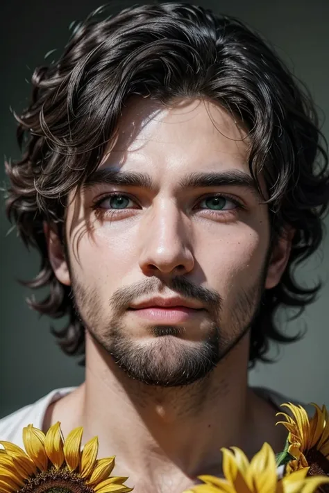 Realistic face of a 25 year old man with a black beard, gray curly hair with a gradient cut, green eyes with a sunflower around the pupil 