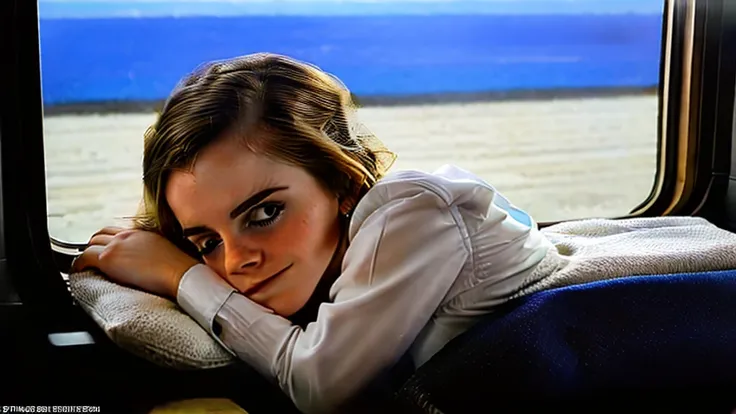 Emma Watson sleeping on a private room sleeper bed in a train with window, the window have a view of the morning sunlight and beach