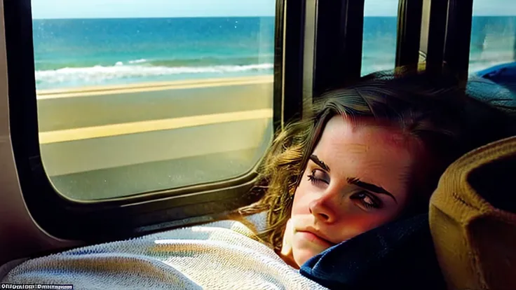 Emma Watson sleeping on a private room sleeper bed in a train with window, the window have a view of the morning sunlight and beach