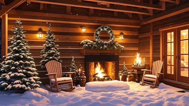 snowy covered porch with chairs and a fire place in the middle, cozy setting, winter setting, cozy place, cozy and peaceful atmosphere, snowfall at night, cozy wallpaper, cozy home background, outside in snow snowing, snowy night, cozy atmospheric, atmosph...