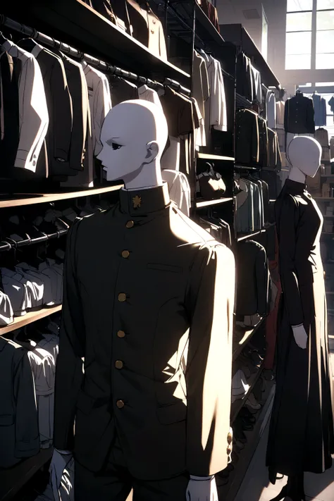 A mannequin wearing a gakuran black on a clothing store shelf