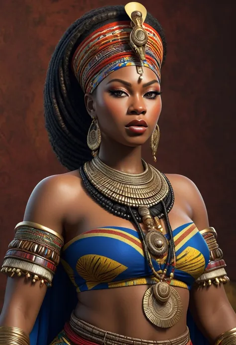 a highly detailed, realistic representation of Queen Nzinga, thick figure, attractive, gorgeous, beautiful, queen, African warrior attire, adorned with tribal jewelry and a striking expression.