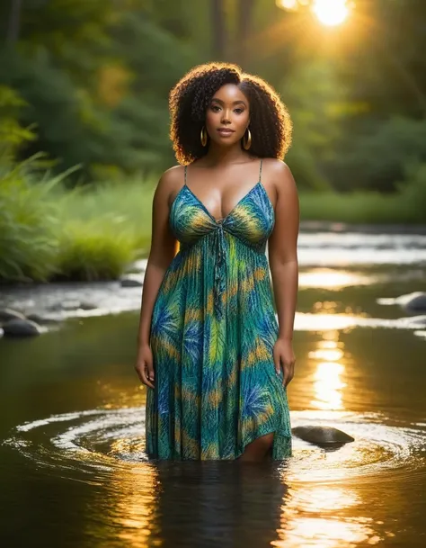 In a stunning photo taken at sunset on July 4th, a curvy Black woman stands in a shallow stream, wearing surrounded by a serene wooded area. a colorful sheer summer sundress she exudes tranquility as her natural curls frame her serene expression looking at...