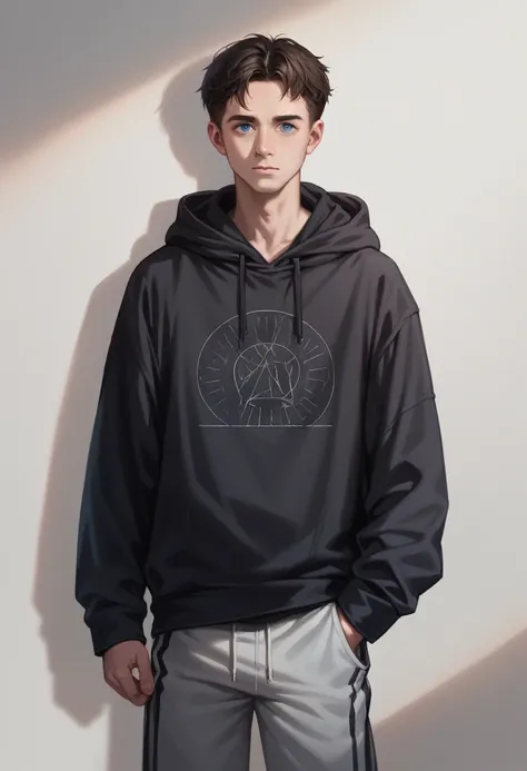 young male with dark blue eyes, medium-length blond hair, thin frame, medium height, oversized black hoodie, trackpants, realistic, soft lighting, high detail, 8k, photorealistic
