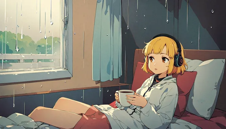 Lofi Song, sitting on the bed. looking at the window, having a coffee. listening to music on headphones, while looking out the window and seeing the rain falling