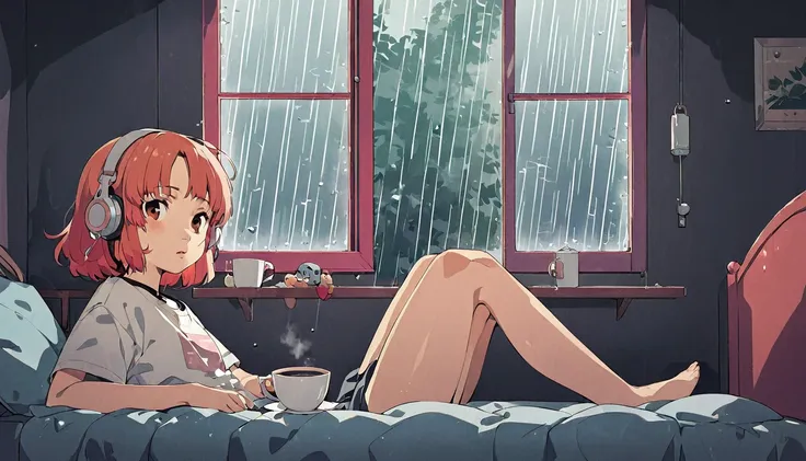 lofi song, sitting on the bed. looking at the window, having a coffee. listening to music on headphones, while looking out the w...