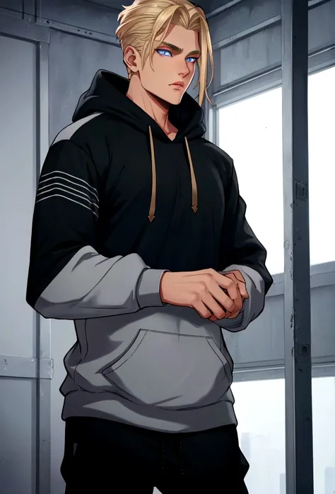 young male with dark blue eyes, wolfcut ((blond)) hair, thin frame, medium height, oversized ((blank black)) hoodie, trackpants, soft lighting, high detail, 8k, photorealistic
