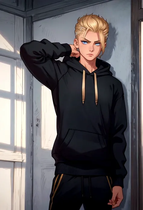 young male with dark blue eyes, wolfcut ((blond)) hair, thin frame, medium height, oversized ((blank black)) hoodie, trackpants, soft lighting, high detail, 8k, photorealistic
