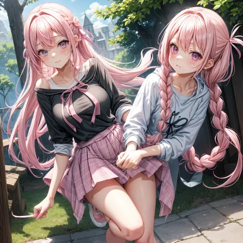 pastel pink hair、pink and light pink eyes、Voluptuous braid、one good looking girl、solo、anime、Plaid miniskirt、camisole、black t-shirt、Tilting your face、Doing the ribbon、Ribbon at waist、Raising legs、cloak、the ground is cracked、Crystal Grotto、wearing a hood、loo...