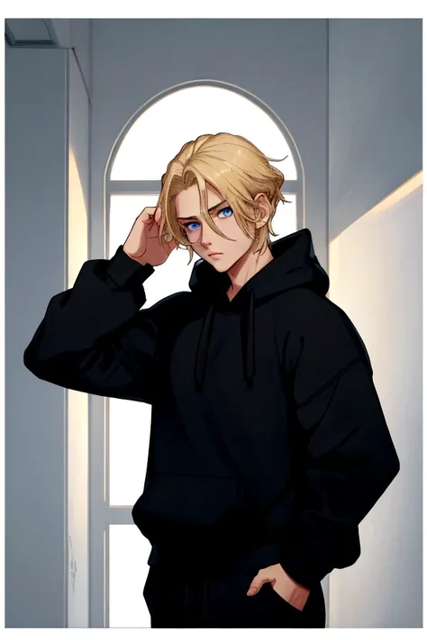 young male with dark blue eyes, medium lenght ((blond)) hair, thin frame, medium height, oversized ((blank black)) hoodie, trackpants, soft lighting, high detail, 8k, photorealistic
