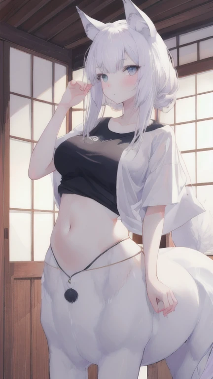 (best quality, masterpiece), 1 girl, centaur, It takes, White skin, Japanese  , exposing the abdomen,belly button t-shirt, beautiful girl perfect wolf photo, perfect wolf photo