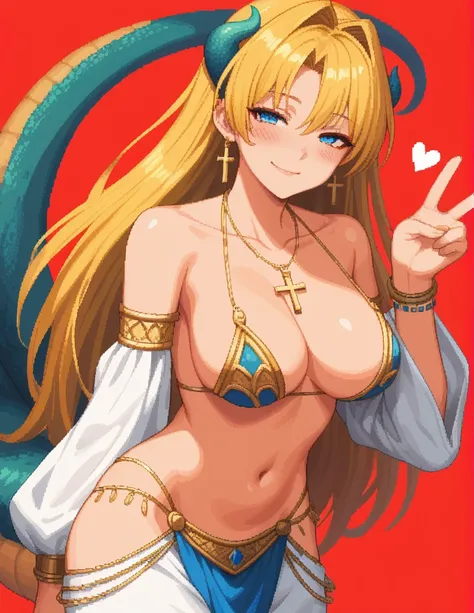 score_9, score_8_up, score_7_up, rating_safe, 1girl, solo, Pixel_Art, liru wolf girl with you, liru, blue eyes, yellow hair, long hair, side bangs, big breasts, revealing clothing, harem outfit, collarbone, backless, topless, cross halter, necklace, loose ...