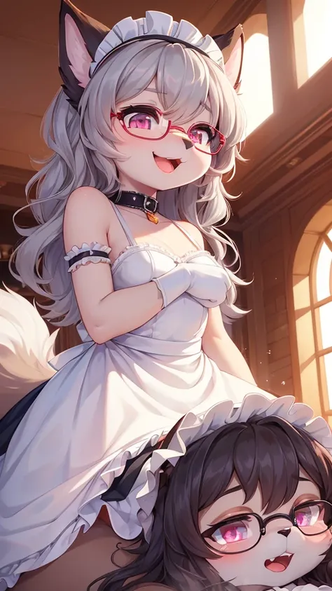 best quality,Optimal resolution,(Fluffy anthropomorphic furry :1.6),(young :1.6),Catwoman,Small Breasts,Light grey hair,Long hair,curls,Curly hair,Light grey fur,Pink Eyes,Sparkling eyes,Shining eyes,Round glasses,Sweetheart collar,maid outfit,Maid headdre...