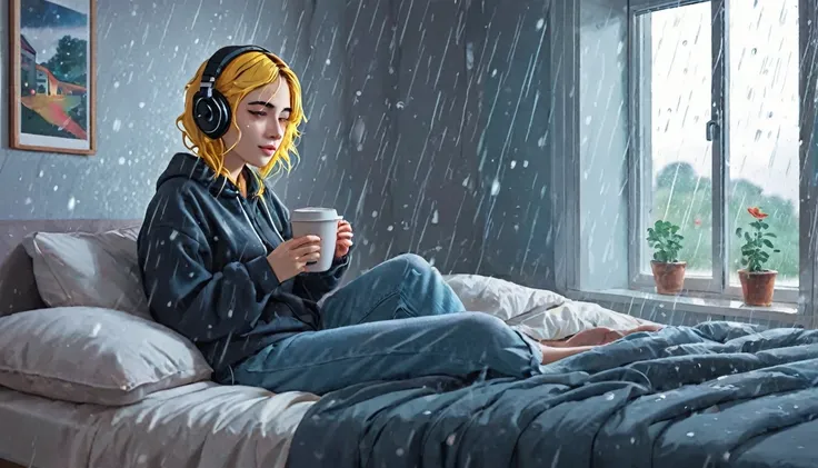 lofi song, sitting on the bed. looking at the window, having a coffee. listening to music on headphones, while looking out the w...