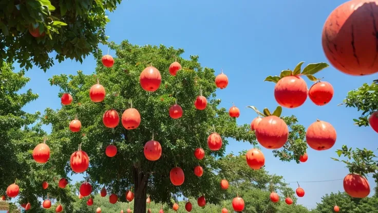 A tree covered with watermelons. Sunny