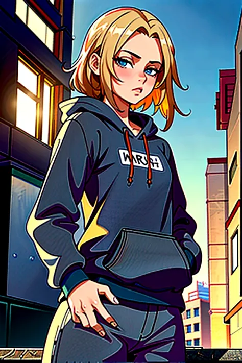 Young male, blue eyes, medium-length blond hair, thin frame, medium height, dressed in oversized hoodie, trackpants, casual streetwear style, standing on an urban street, modern cityscape, soft evening light, relaxed pose, confident expression, detailed cl...