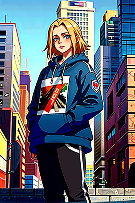 Young male, blue eyes, medium-length blond hair, thin frame, medium height, dressed in oversized hoodie, trackpants, casual streetwear style, standing on an urban street, modern cityscape, soft evening light, relaxed pose, confident expression, detailed cl...