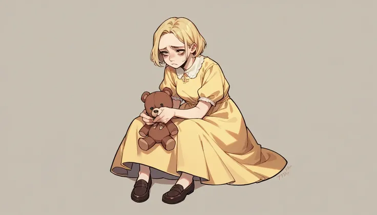 emily, ten year old girl, alone in the school yard, light yellow dress, dress shoes, holding brown teddy bear, sad face, blonde and short hair