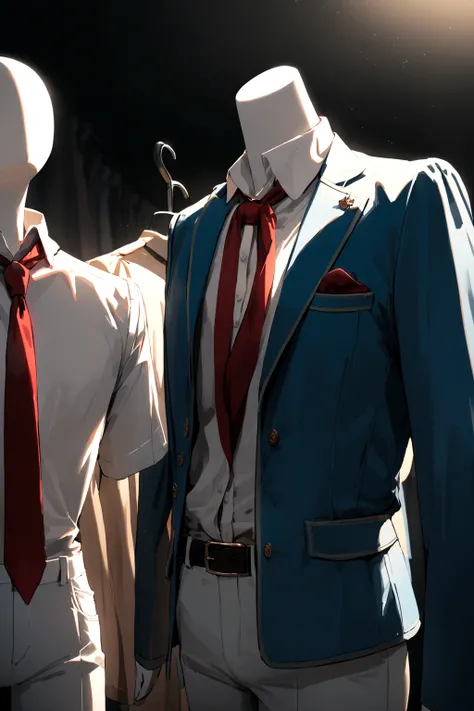 A mannequin wearing  a a blue jacket, white pants ,A cream shirt and a red tie Its a male . 