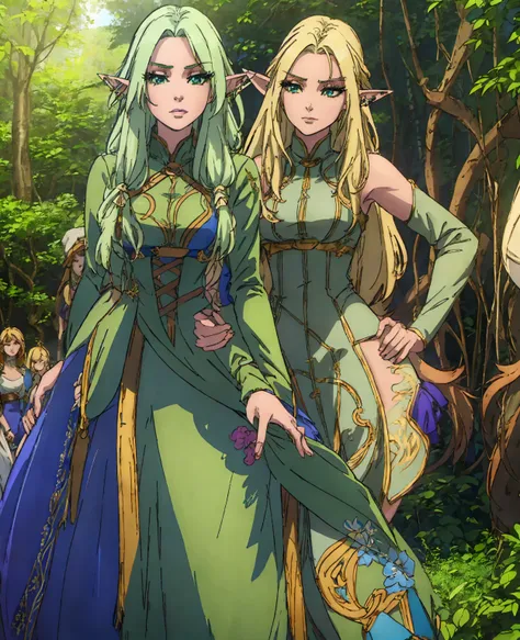 a beautiful female elf with long blonde hair, piercing blue eyes, delicate features, pointed ears, wearing an elegant green dress with intricate floral embroidery, standing in a lush forest setting with sunlight filtering through the trees, detailed facial...