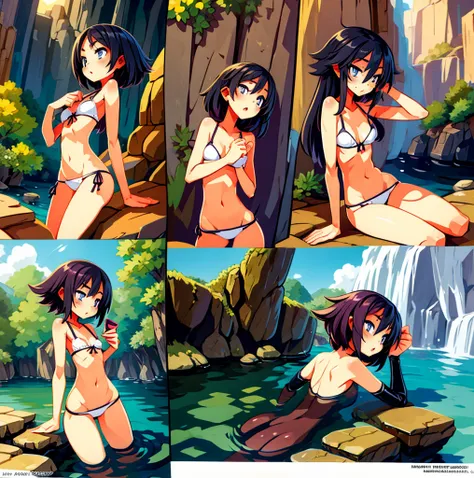 a girl crouches on a rock near the water in front of her navel flat chest, the back view of a lady in tight panties on her phone device and showing off her back, four pictures with different expressions in the same drawing style each shows one woman and tw...