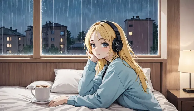 lofi song, sitting on the bed. looking at the window, having a coffee. listening to music on headphones, while looking out the w...