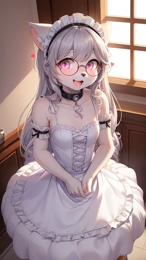 best quality,Optimal resolution,(Fluffy anthropomorphic furry :1.6),(young :1.6),Catwoman,Small Breasts,Light grey hair,Long hair,curls,Curly hair,Light grey fur,Pink Eyes,Sparkling eyes,Shining eyes,Round glasses,Sweetheart collar,maid outfit,Maid headdre...