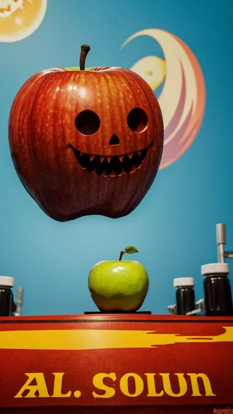 A scary monster apple in the shape of a bomb accompanied by hands and feet with a background of nuclear explosions in a laboratory