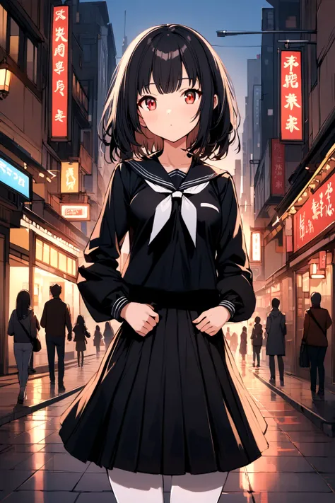 A girl with black hair, light complexion, red eyes ,Medium sized tits wearing a black sailor fuku and white stockings while standing in the middle of the city 