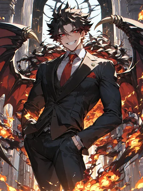 Best quality, one, beautiful, 1 man, 24 years, Tall and athletic physique, V-shaped body, in a detailed black British suit, crazy wild and toothy smile, huge bat wings, sharp ears, short black hair, model hair, black sclera and blood red eye iris, a circle...