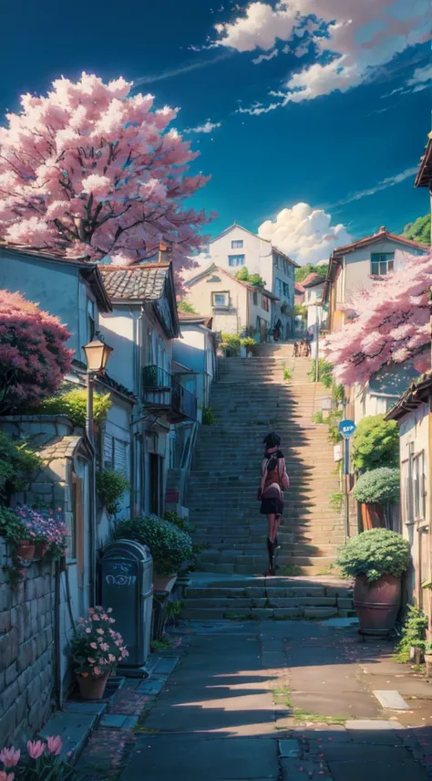 a painting of a street with stairs and trees in bloom, beautiful anime scene, beautiful anime scenery, anime background art, anime beautiful peace scene, anime scenery, anime background, colorful anime movie background, anime movie background, spring seaso...