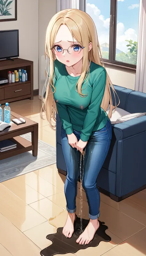 ((best quality, masterpiece:1.3, 8K)), (detailed), highly detailed face and skin texture, detailed eyes, living room, window, empty water bottles, full body, standing, (slender body:1.1), 1girl, 25 years old, white skin, blue eyes, reading glasses, bright ...