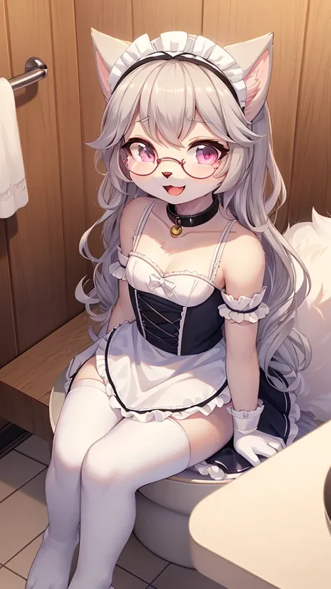 best quality,Optimal resolution,(Fluffy anthropomorphic furry :1.6),(young :1.6),Catwoman,Small Breasts,Light grey hair,Long hair,curls,Curly hair,Light grey fur,Pink Eyes,Sparkling eyes,Shining eyes,Round glasses,Sweetheart collar,maid outfit,Maid headdre...