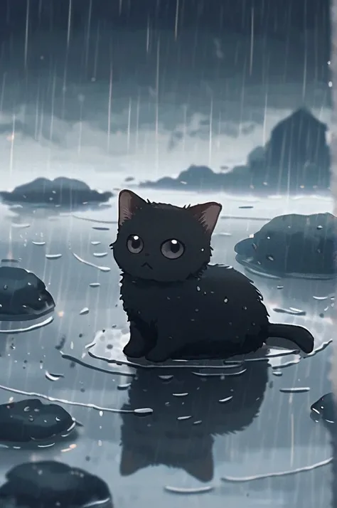 ((Лучшее качество)), ((шедевр)), (подробный), rainy weather, grey clouds and a little kitten in a puddle