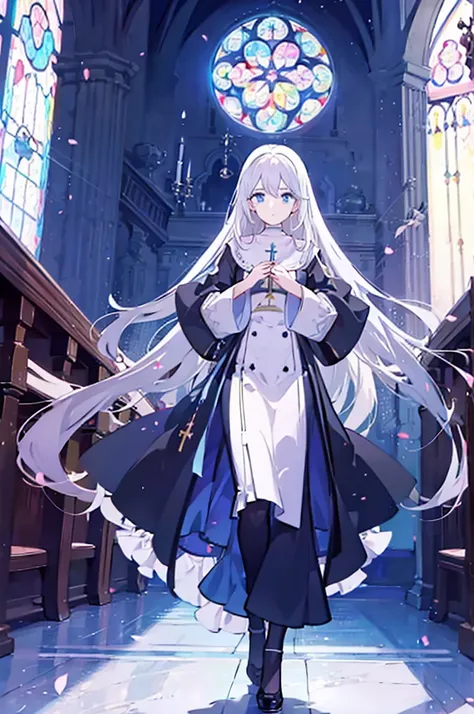 1girl, white hair, solo focus, clearly, blue eyes, very long hair, stole, priest, Bishojo, church