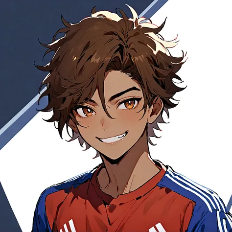 1boy, lion eyes, Vestindo a camisa da seleção da Espanha da Adidas, Sentado no centro do campo, brown eyes, fashionable hair, brown hair, red shirt, number 11, looking at the side, short hair, upperbody, messy hair, detailed eyes, {brown skin}, {smirk}, ma...