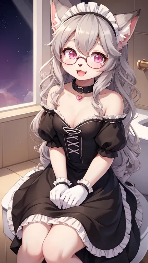 best quality,Optimal resolution,(Fluffy anthropomorphic furry :1.6),(young :1.6),Catwoman,Small Breasts,Light grey hair,Long hair,curls,Curly hair,Light grey fur,Pink Eyes,Sparkling eyes,Shining eyes,Round glasses,Sweetheart collar,maid outfit,Maid headdre...