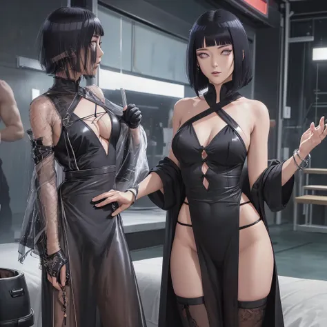 Hinata, dark hair, (Seductive black satin), (plunging neckline), (cut-out sides), (form-fitting silhouette), (thigh-high slit), (lace-up back), BREAK, (sultry nightclub ambiance), (dazzling neon lights), (throbbing music), (confident stance), (alluring all...