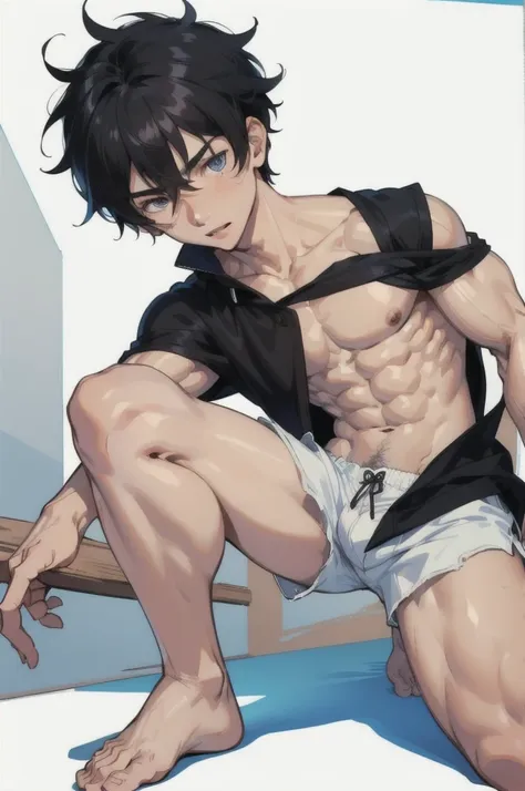 Masterpiece, Best Quality, Detailed black hair boy, detailed blue eyes, muscular, shirtless, wearing short white shorts, barefoot 