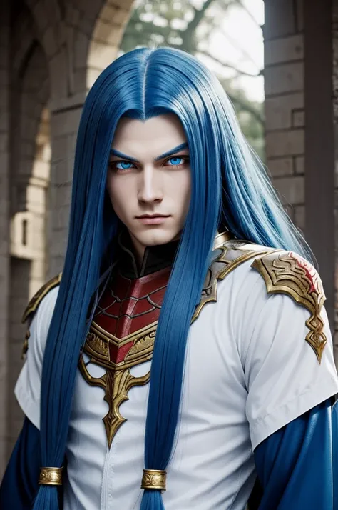 A boy with long blue hair, Red eyes, white eyelashes with feminine features but very attractive in the style of the anime Castlevania 