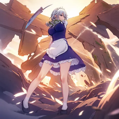 (((high quality))), sakuya izayoi, holding knives, epic fight stand, solo