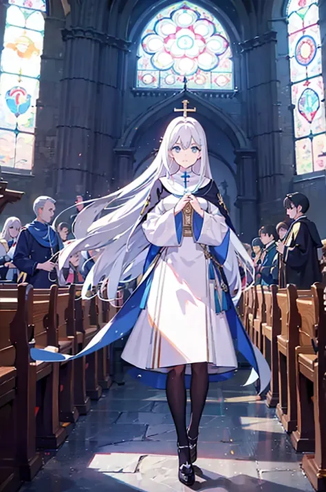 1girl, white hair, solo focus, clearly, blue eyes, very long hair, stole, priest, Bishojo, church