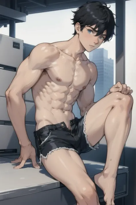 Masterpiece, Best Quality, Detailed black hair boy, detailed blue eyes, muscular, shirtless, wearing short white shorts, barefoot 