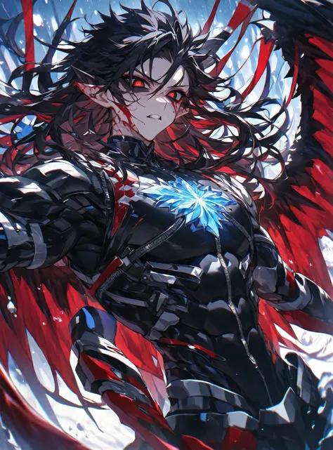 Best quality, One, handsome, 1 man, with a sporty body, V-shaped body, wide shoulders, black detailed armor with luminous bloody details, crazy and wild face, big bloody wings, sharp ears, long hair, black hair, model hair, black sclera and blood red iris ...