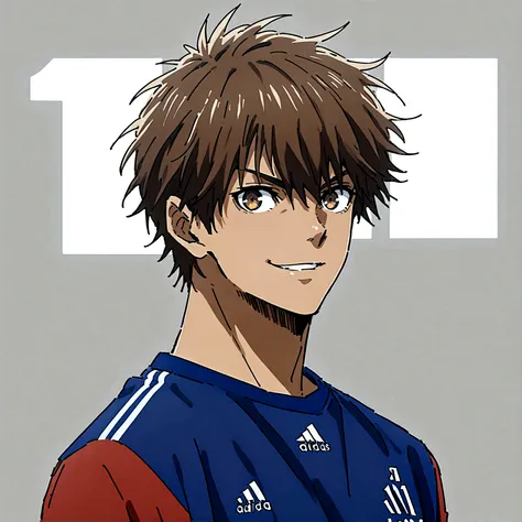 1boy, lion eyes, Vestindo a camisa da seleção da Espanha da Adidas, Sentado no centro do campo, brown eyes, fashionable hair, brown hair, red shirt, number 11, looking at the side, short hair, upperbody, messy hair, detailed eyes, {brown skin}, {smirk}, ma...