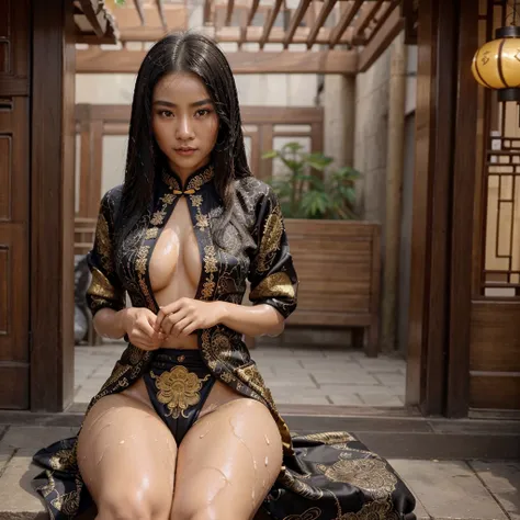 Stunning single woman on Instagram, sexy black Chinese woman sexy sitting poses, her radiant beauty captivates the viewer. She wears traditional, ornate Chinese clothing whose intricate patterns and textures highlight her cultural heritage. Her piercing ey...